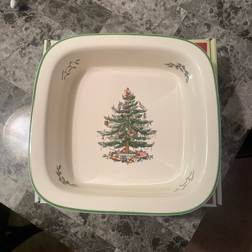 Spode Christmas Tree Square Baker with Green and Red Accents